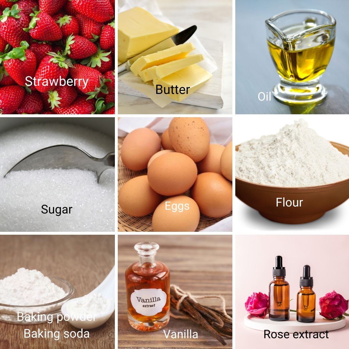 Ingredients for making a strawberry cake.