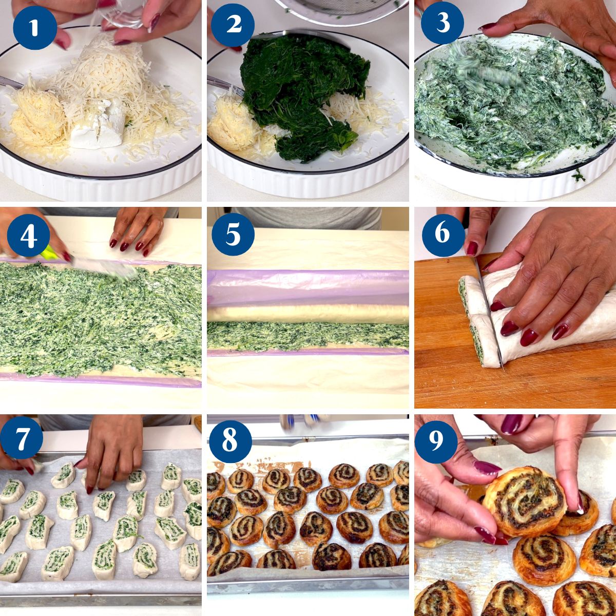 Progress pictures making spinach pinwheels.