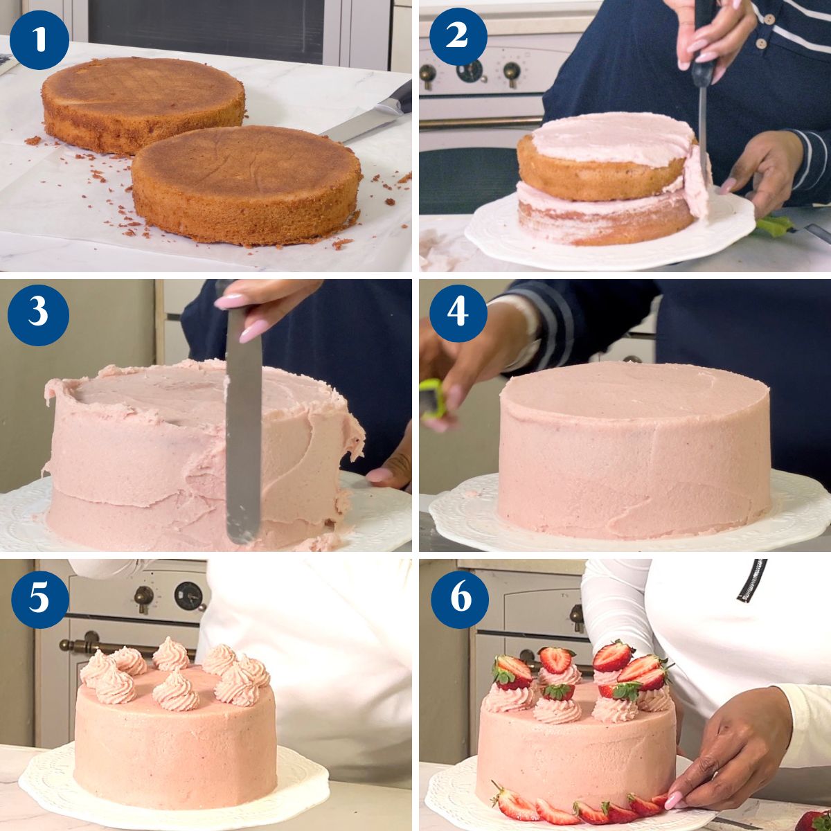 Progress pictures frosting a strawberry cake.