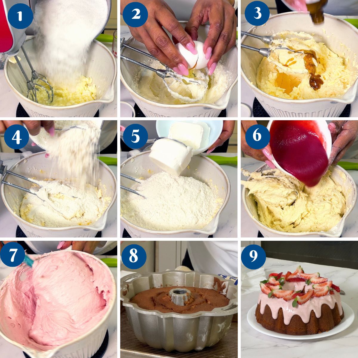 Progress pictures making the strawberry bundt cake.