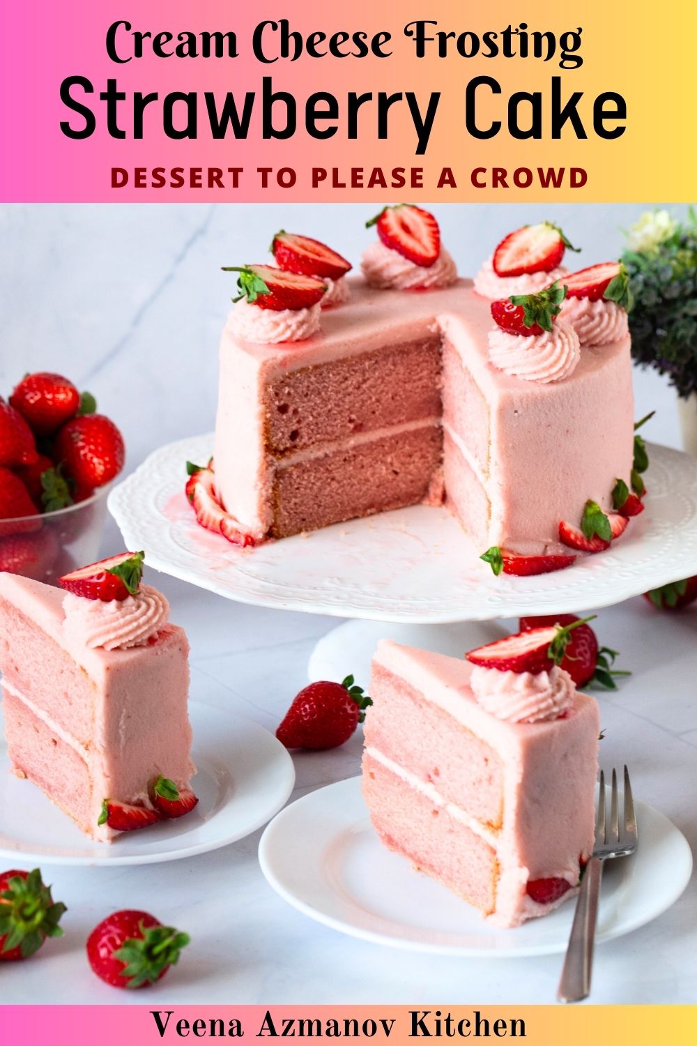 Pinterest image for strawberry cake with cream cheese frosting.