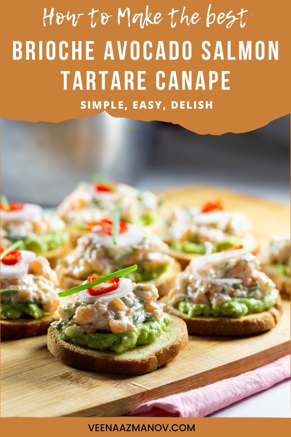 Pinterest image for Brioche Canapes with Salmon Tartare.