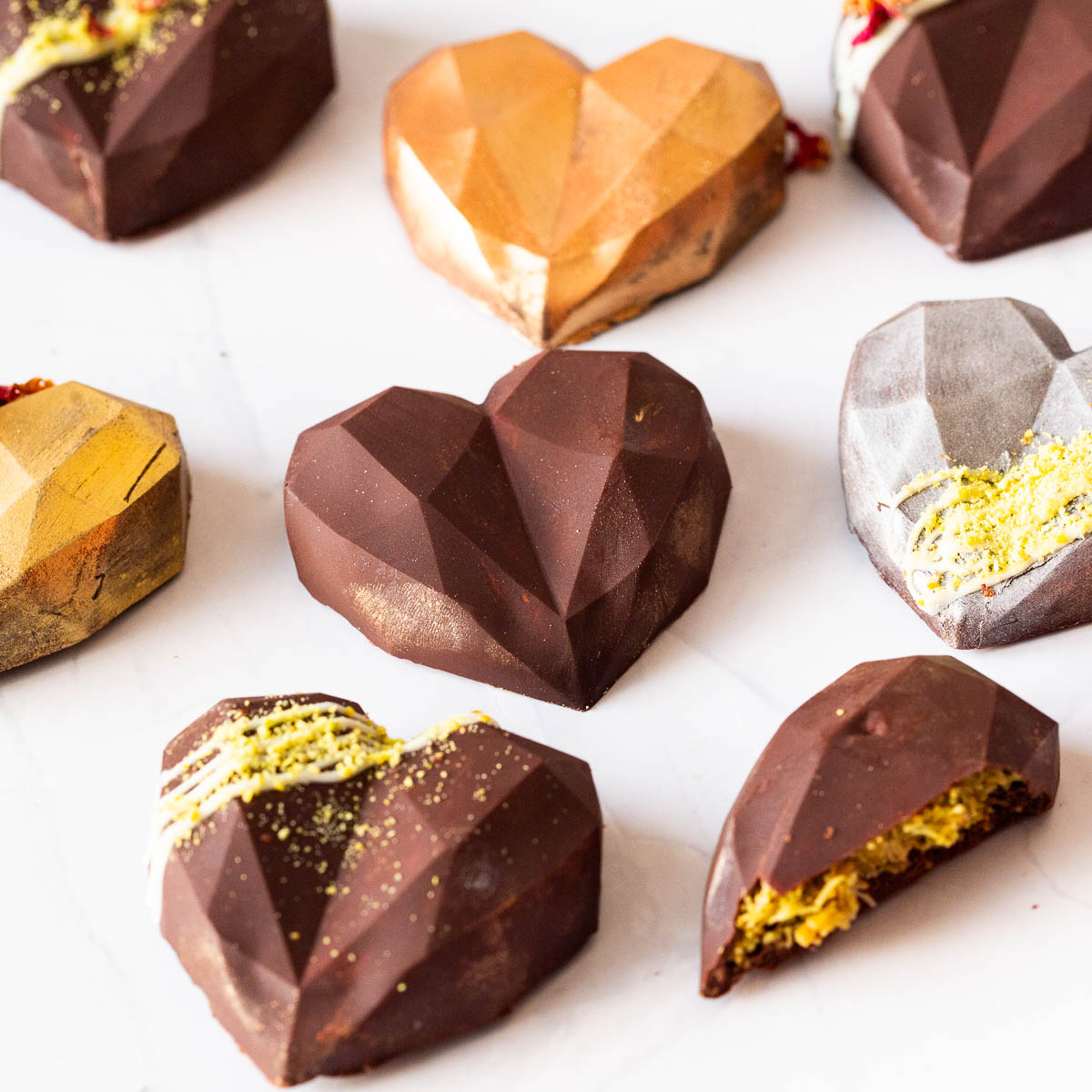 Heart candy with pistachio kanafeh filling.