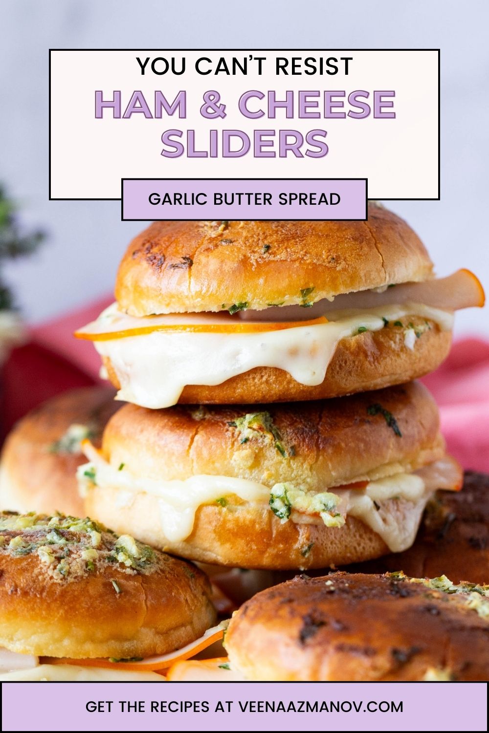 Pinterest image for Homemade ham and cheese sliders.