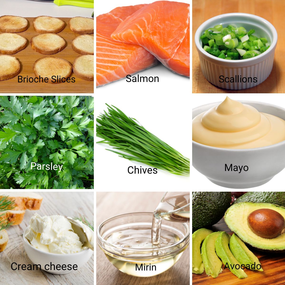 Ingredients for brioche canapes with salmon tartare.
