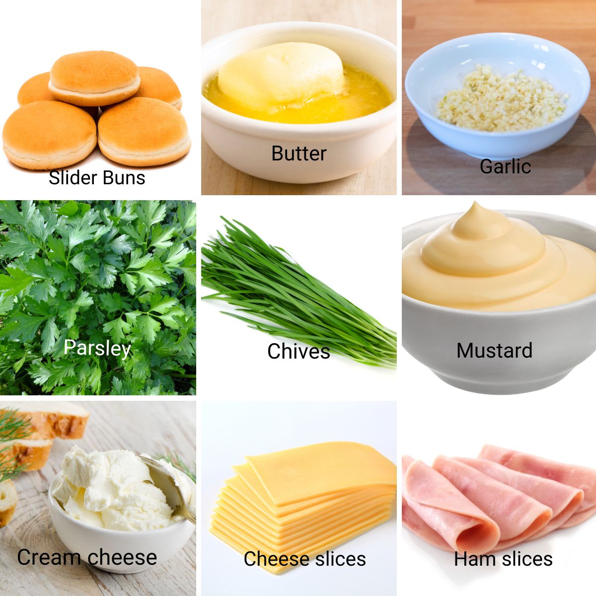 Ingredients for ham and cheese sliders.