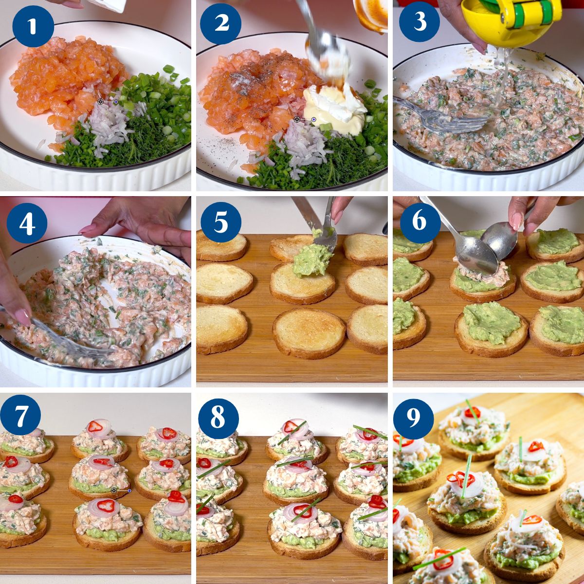 Progress pictures brioche canapes with salmon tartare.