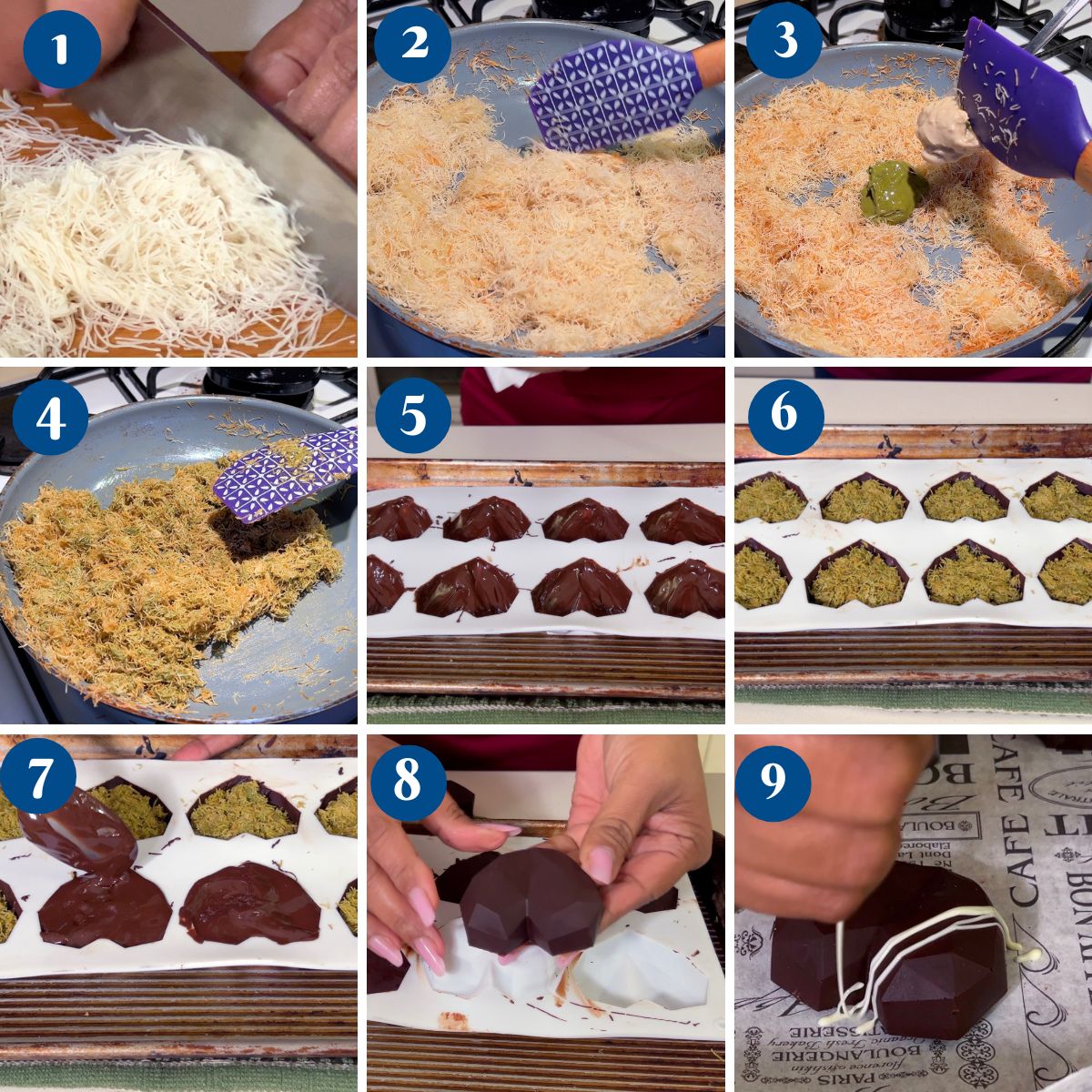 Progress pictures making the Dubai chocolate hearts.