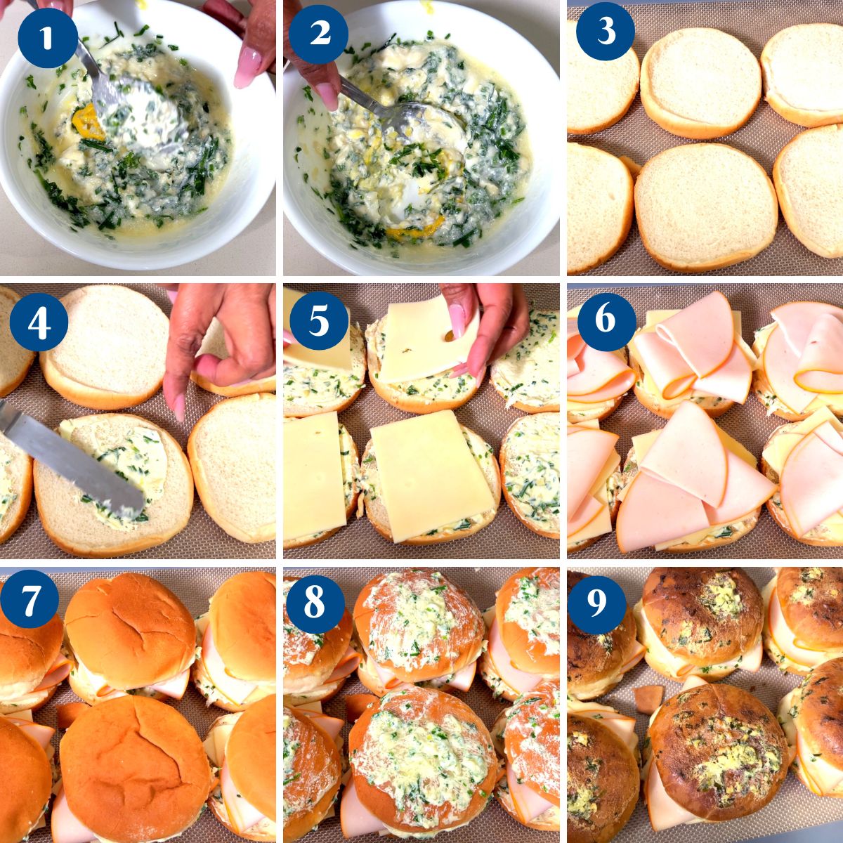 Progress pictures for ham and cheese sliders.