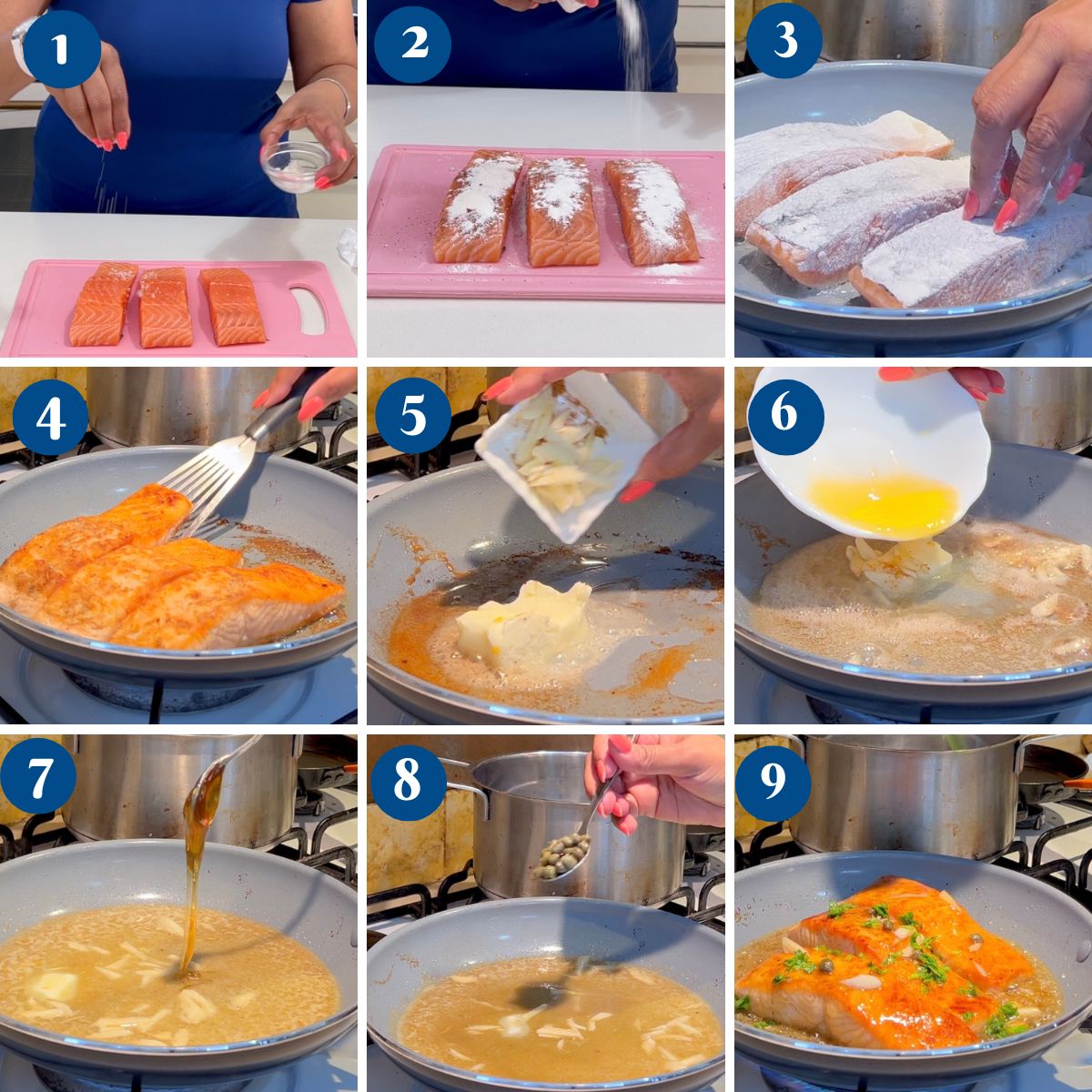 Progress Pictures for pan fried salmon.
