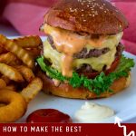 Pinterest image for a double cheeseburger with Fries.