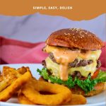 Pinterest image for a double cheeseburger with Fries.