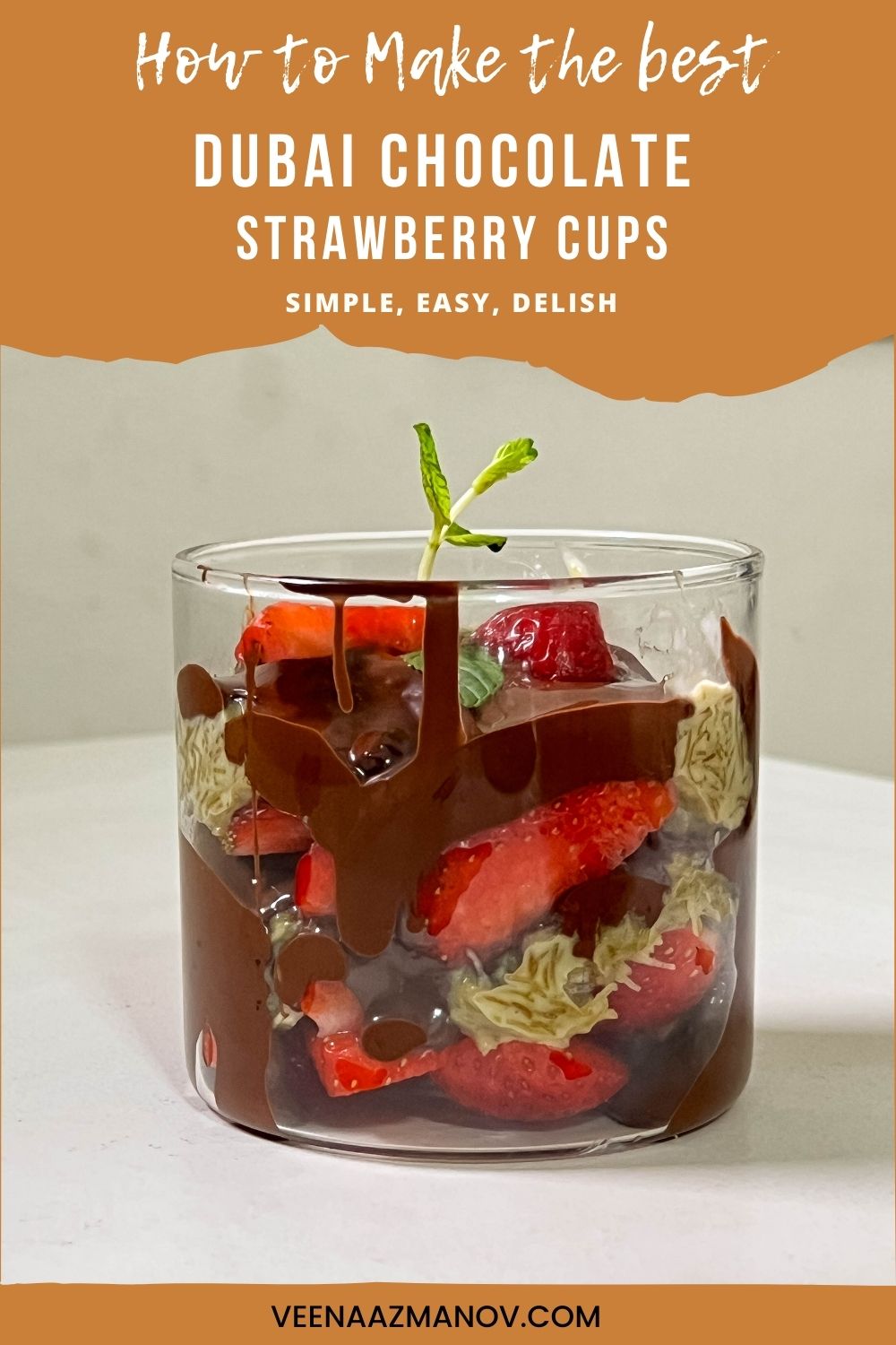 Pinterest image for chocolate strawberry cups with Dubai Pistachio Kataifi.