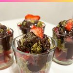Pinterest image for chocolate strawberry cups with Dubai Pistachio Kataifi.