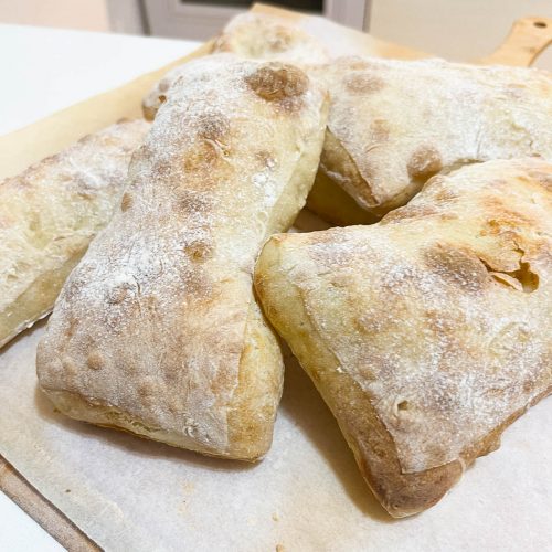 Baked ciabatta on a table.