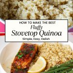 Pinterest image for fluffy homemade quinoa on stovetop.