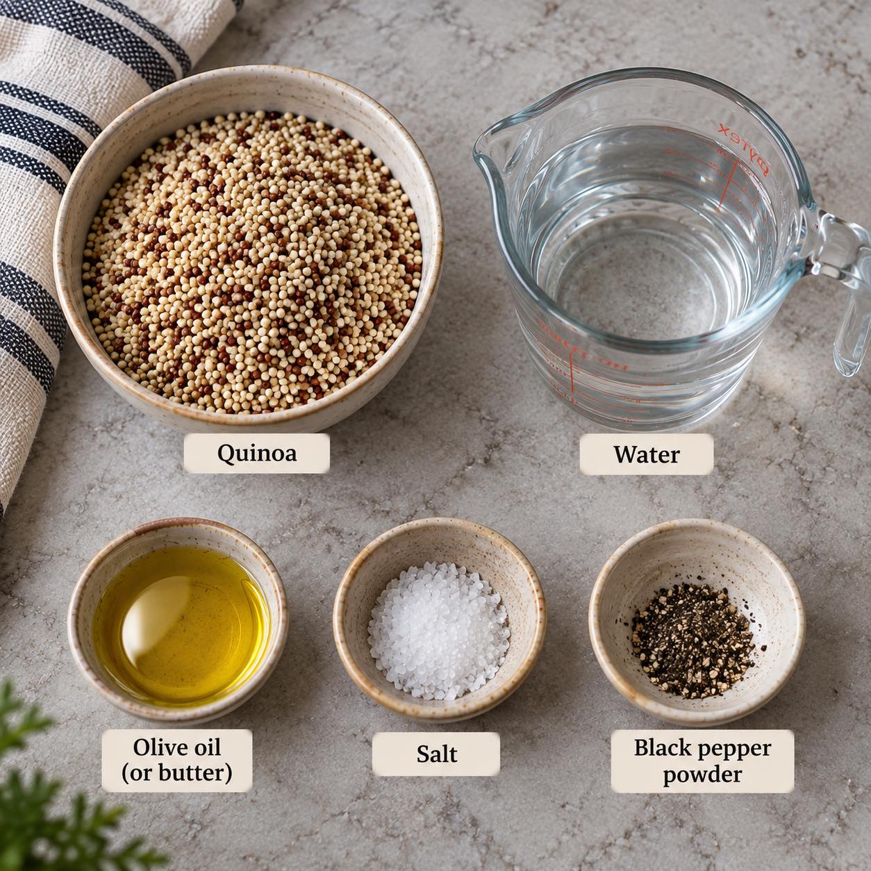 Ingredients for how to cook fluffy quinoa.