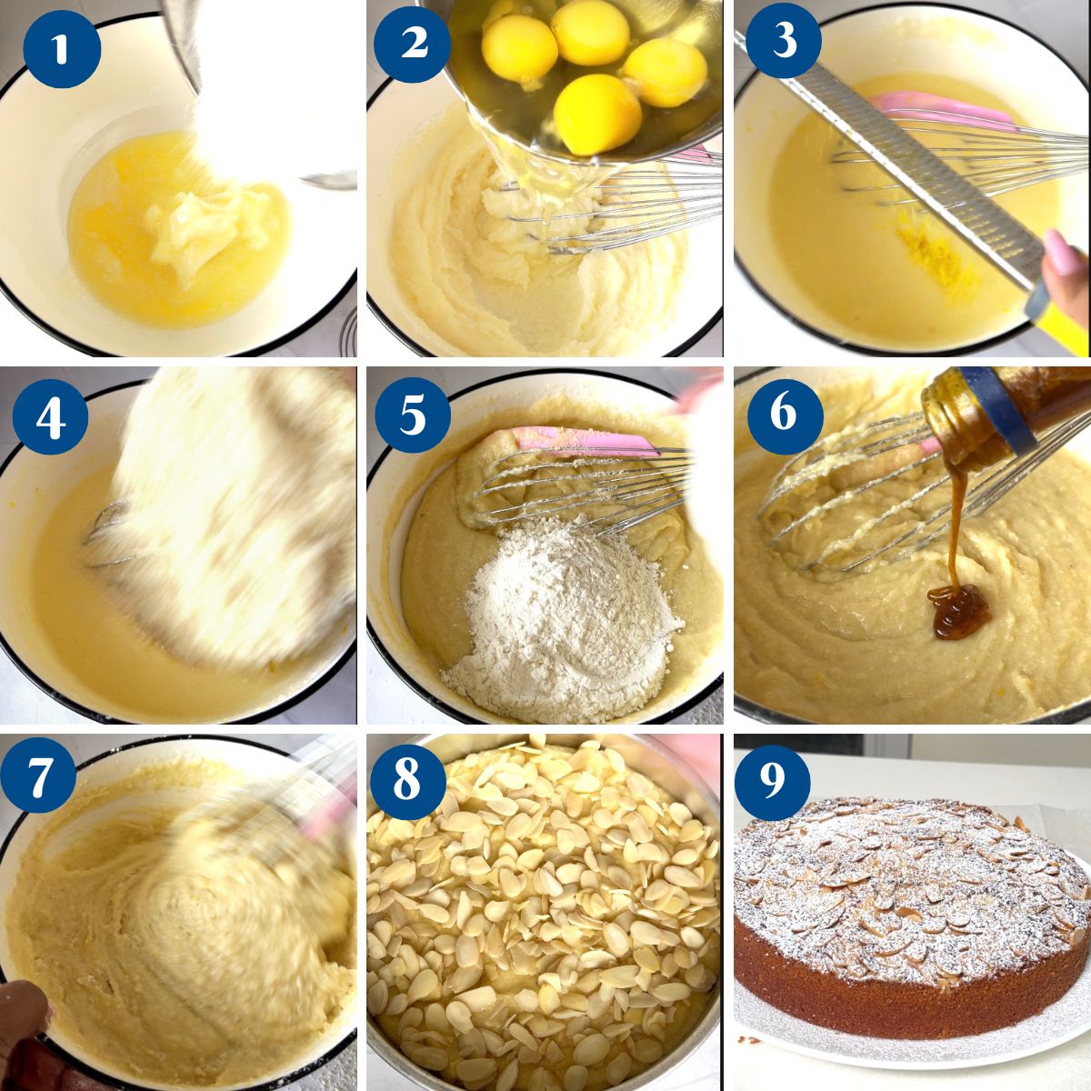 Progress pictures for making almond cake.