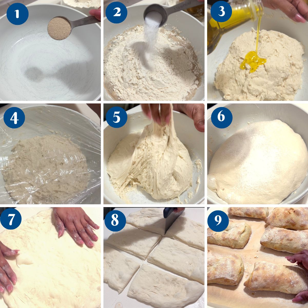 Progress pictures for making ciabatta.