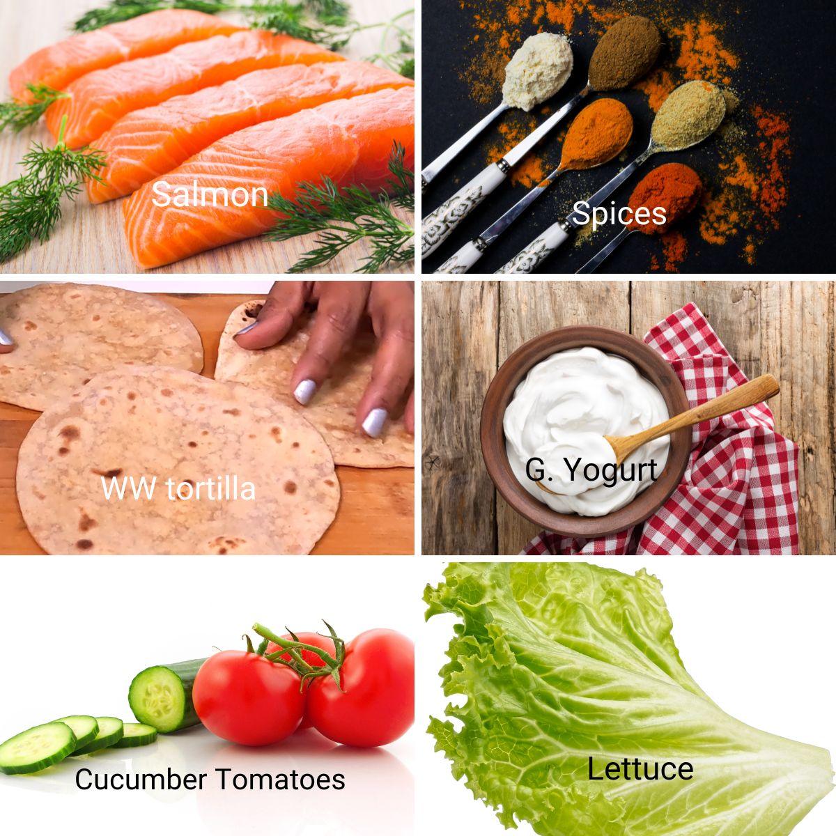 Ingredients for salmon tacos with toritlla.