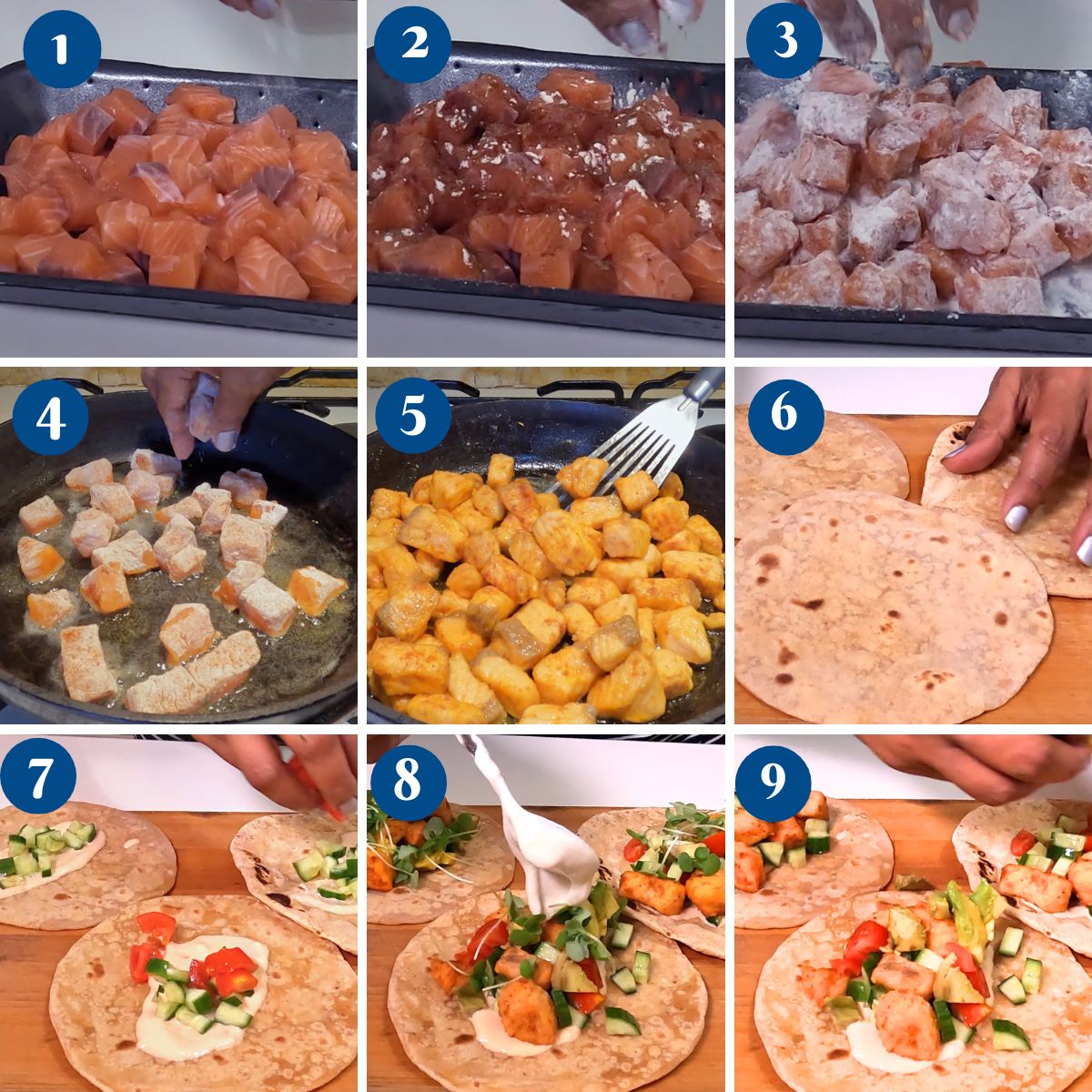 Progress pictures salmon tacos with whole wheat tortilla.