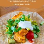 Pinterest image for salmon tacos with whole wheat tortillas.