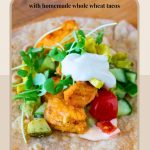 Pinterest image for salmon tacos with whole wheat tortillas.