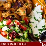 Pinterest image chicken with baked eggplant and med salad.