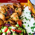 Pinterest image chicken with baked eggplant and med salad.