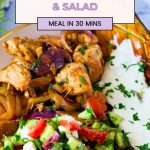 Pinterest image chicken with baked eggplant and med salad.