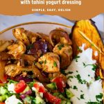Pinterest image chicken with baked eggplant and med salad.