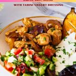 Pinterest image chicken with baked eggplant and med salad.