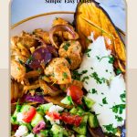 Pinterest image chicken with baked eggplant and med salad.