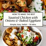 Pinterest image chicken with baked eggplant and med salad.