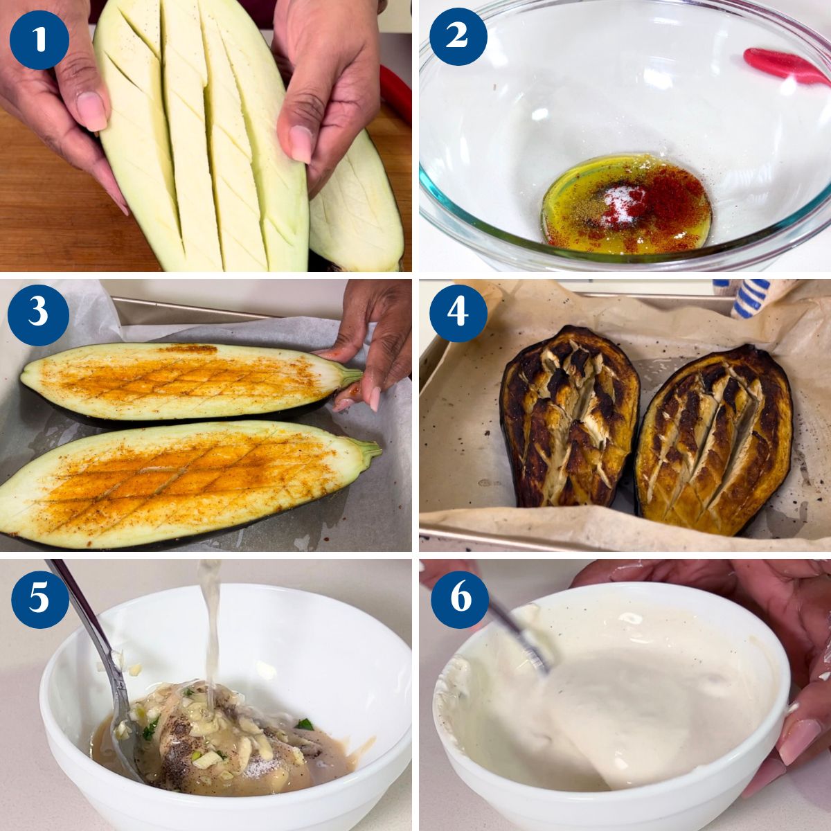 Progress pictures making tahini eggplant.