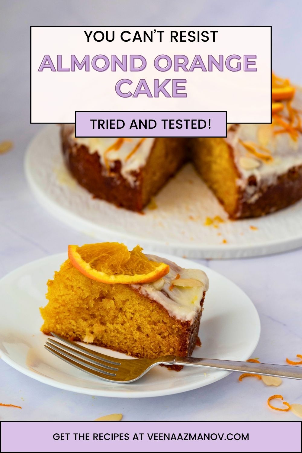 A Pinterest image for Orange almond cake.