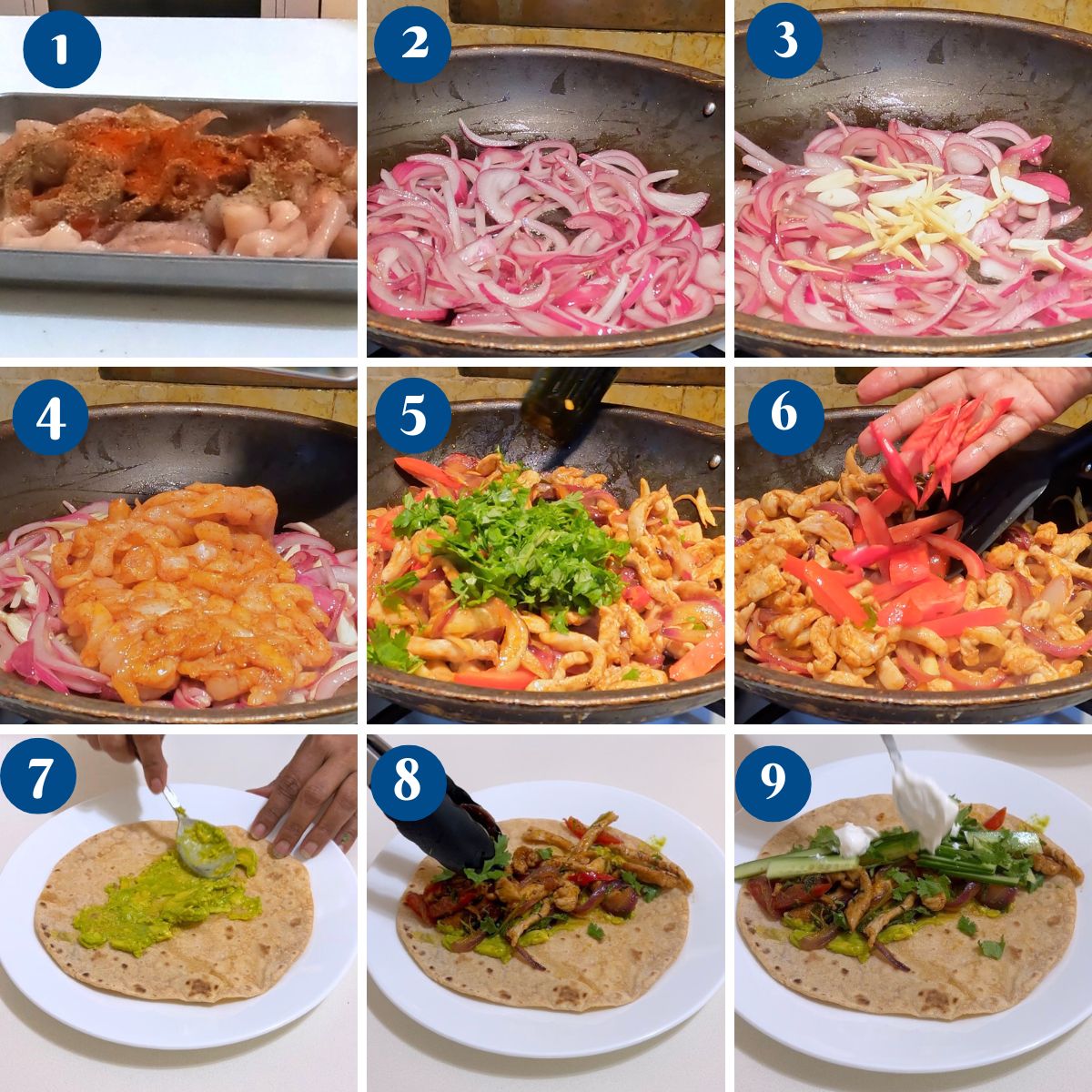 Progress pictures chicken fajitas on tortillas.