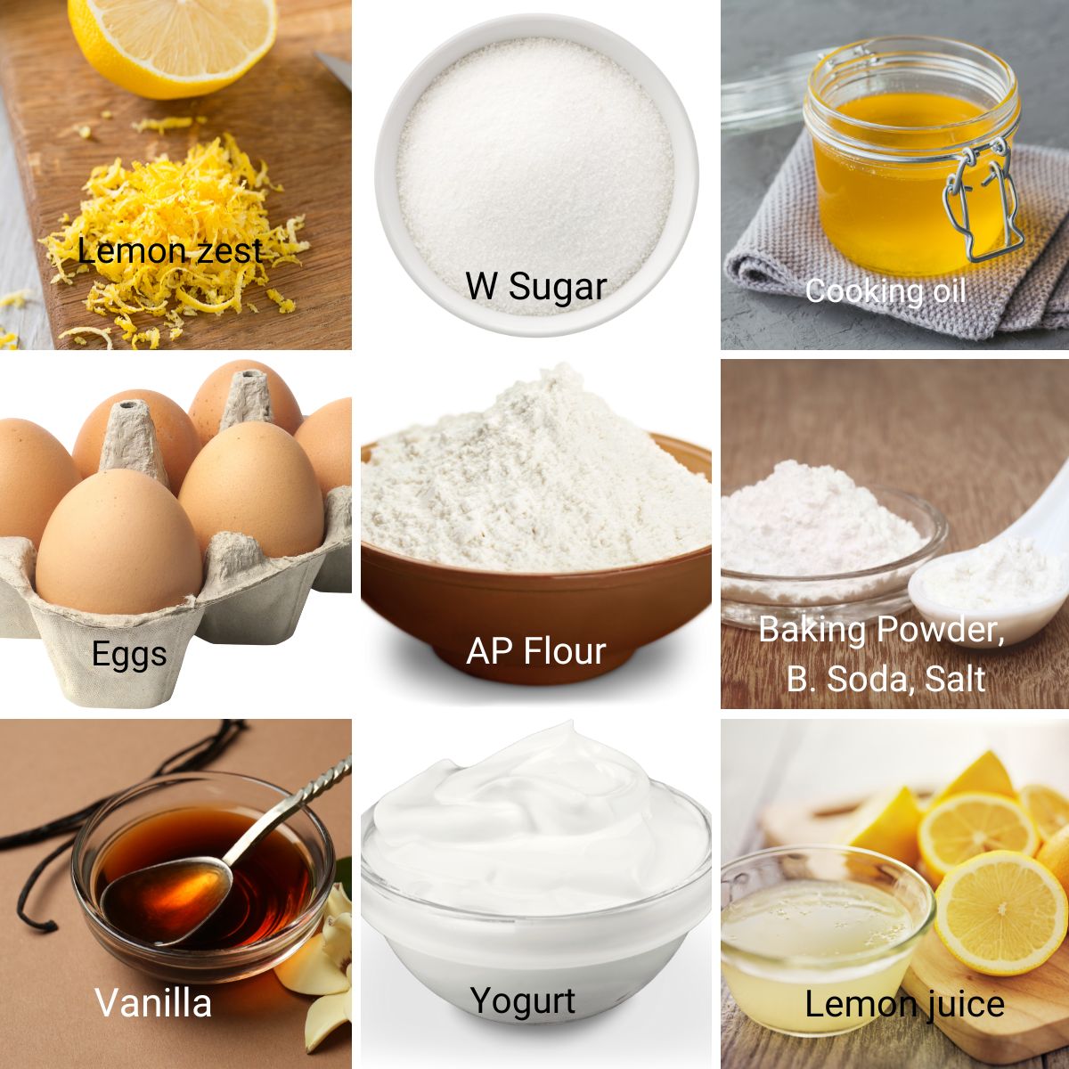 Ingredients for making a lemon yogurt cake.