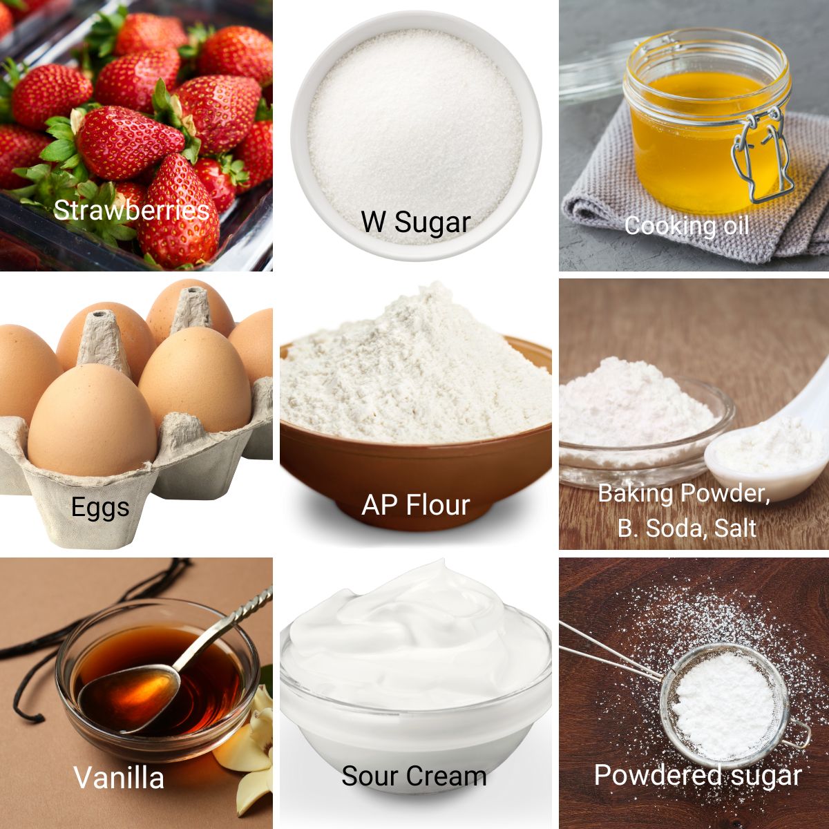 Ingredients for making sour cream strawberry cake.