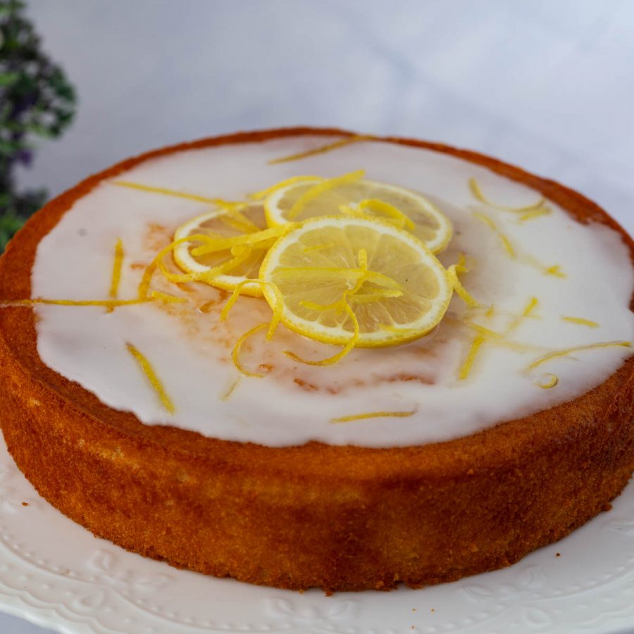 A lemon coffee cake on the table.