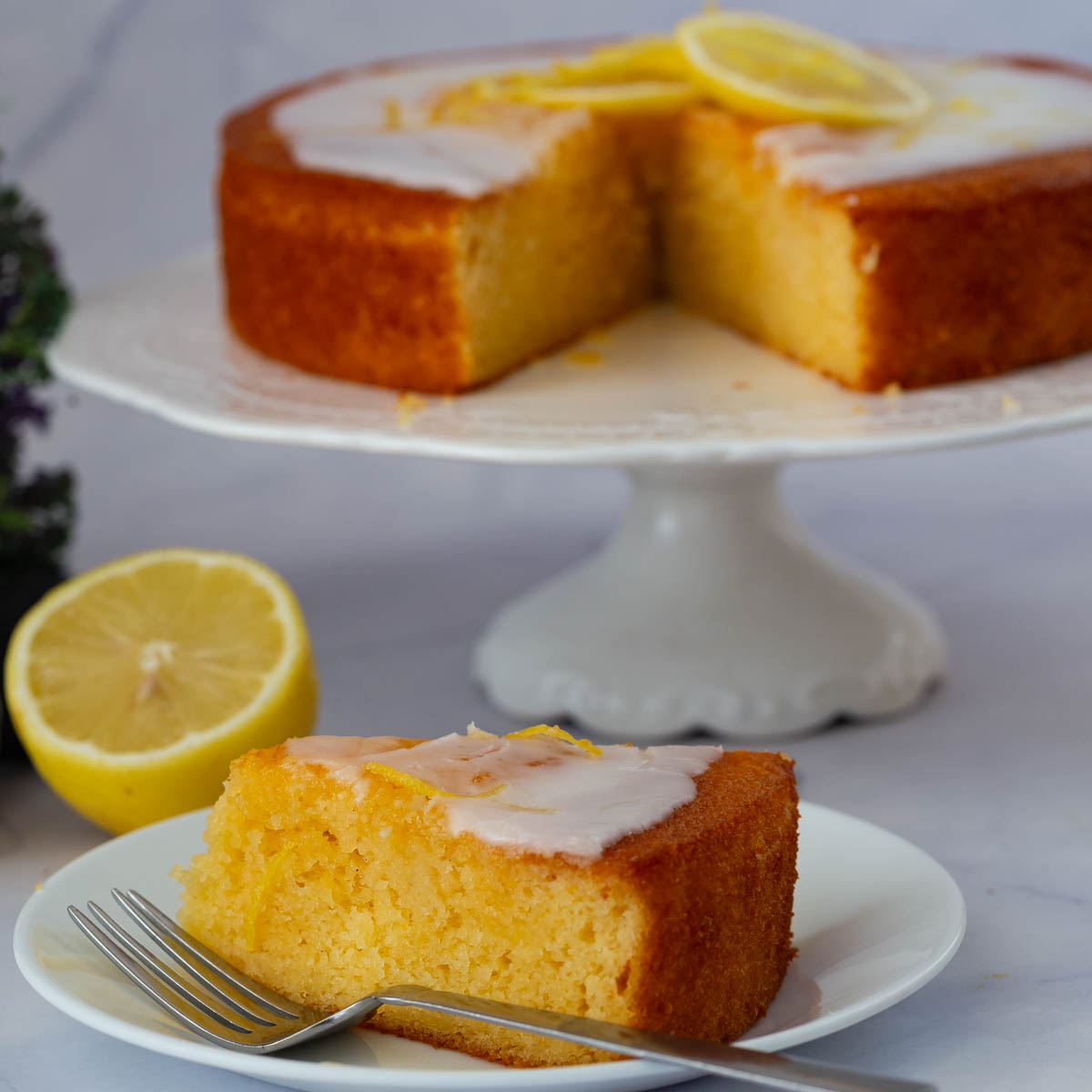 A sliced lemon yogurt cake recipe.