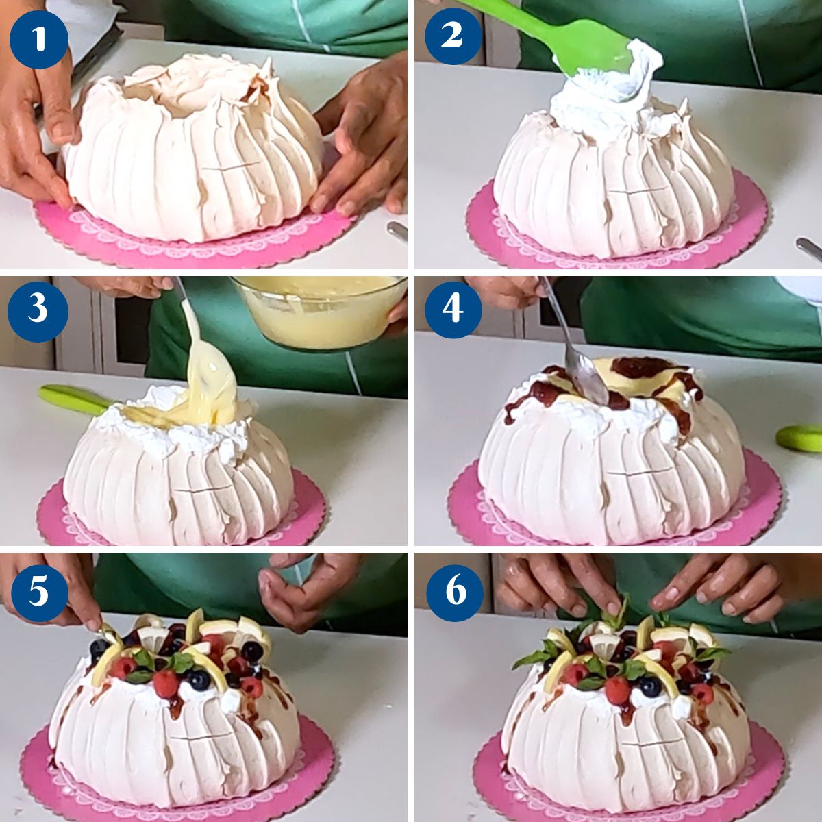 Progress pictures making raspberry pavlova.