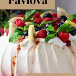 Pinterest image for Pavlova recipe with Lemon Curd and Raspberries.