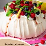 Pinterest image for Pavlova recipe with Lemon Curd and Raspberries.