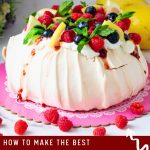 Pinterest image for Pavlova recipe with Lemon Curd and Raspberries.