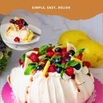 Pinterest image for Pavlova recipe with Lemon Curd and Raspberries.