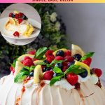 Pinterest image for Pavlova recipe with Lemon Curd and Raspberries.