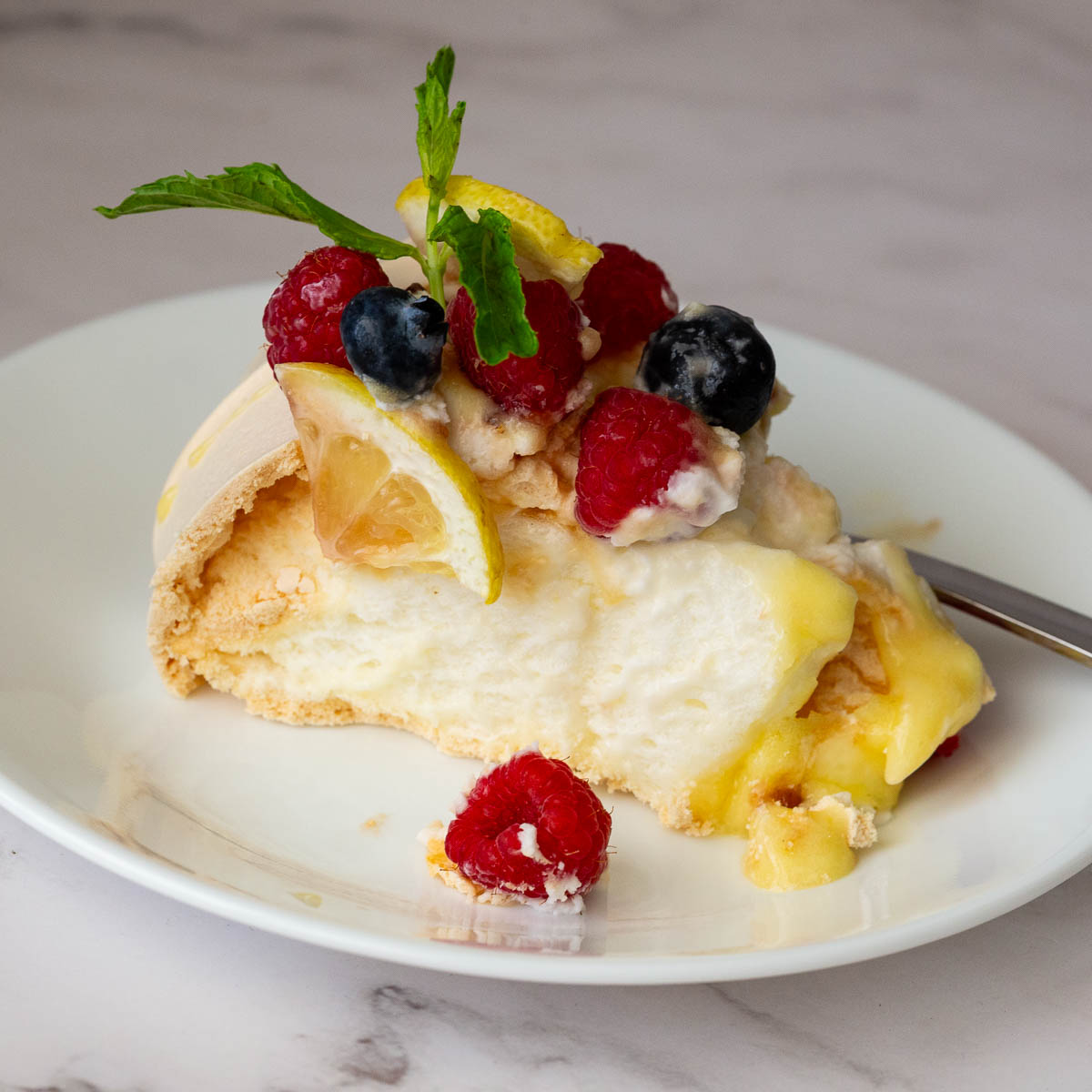 Pavlova slice on the table.