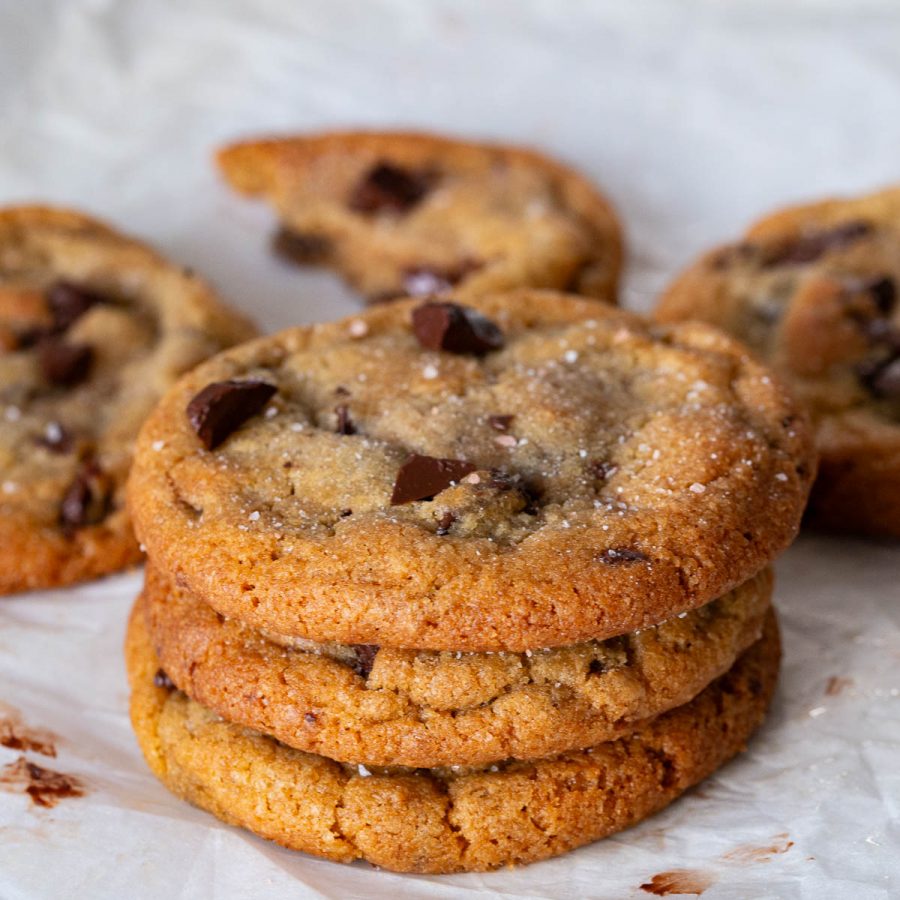 A stack of cookies on the table.