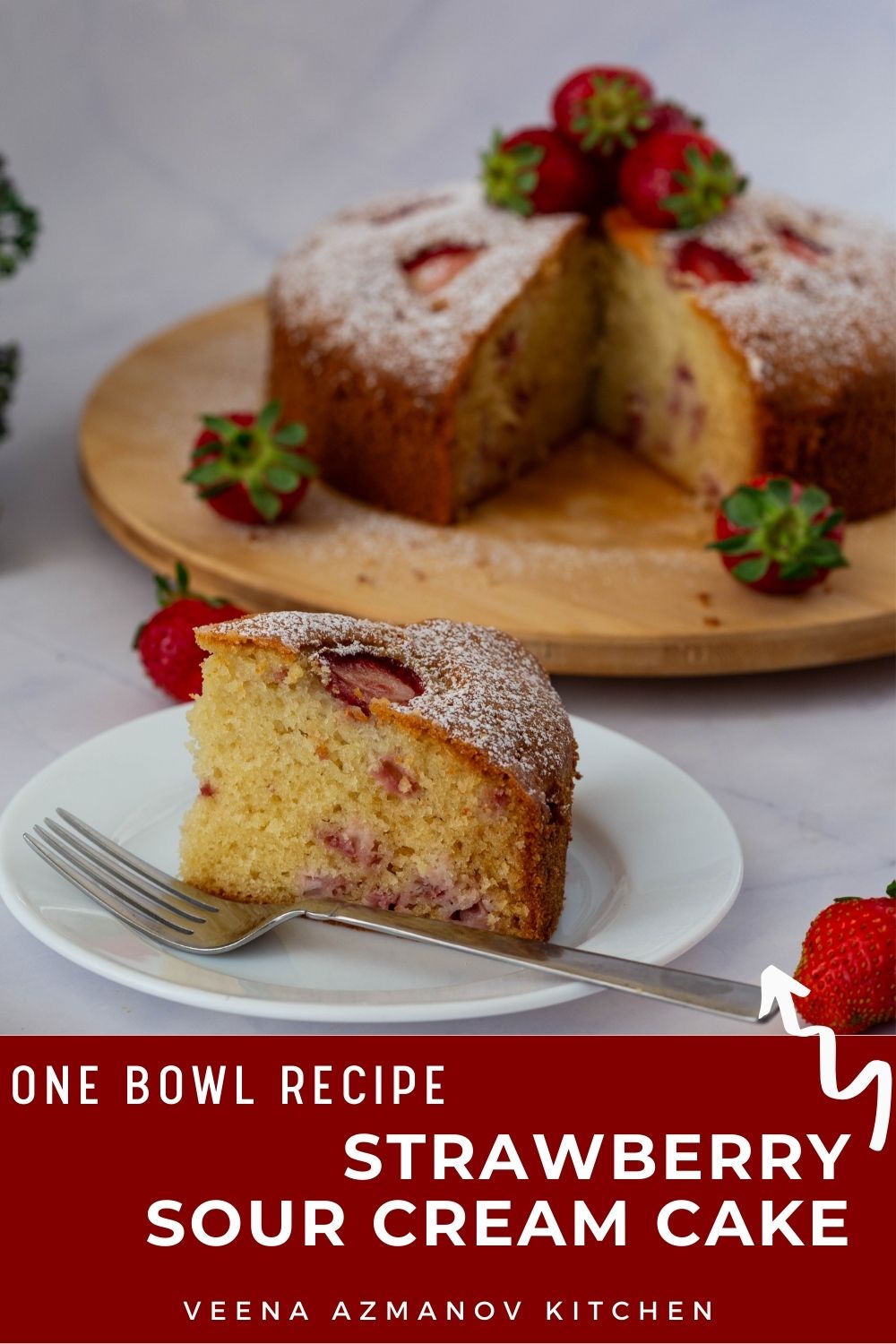 Pinterest image for sour cream strawberry cake.